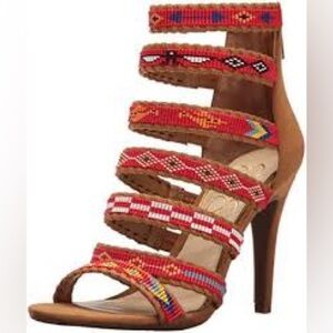EUC Jessica Simpson Brand Size 8.5 Brown Tan Red Tribal High Heel Heels Pumps